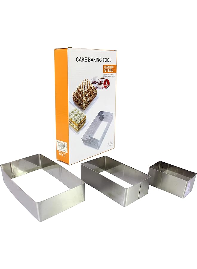 Biki Stainless Steel Cake Rings Set Rectangular Tiramisu Cake Mold Cheese Cutter Pastry Baking Tool (4", 6", 8" In 3 Dimensions, Rectangular) - Image 1