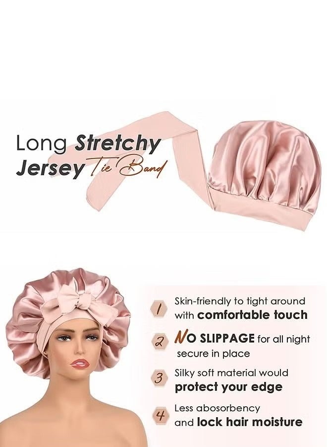 Generic Double Layer Satin Bonnet Silk Bonnet, Curly Hair Hair Silk Hair Wrap for Sleeping Night Sleep Cap, Satin Silk Bonnet Lined Hair Bonne Tie Band Bonnets (Pale Pink)  - Image 3