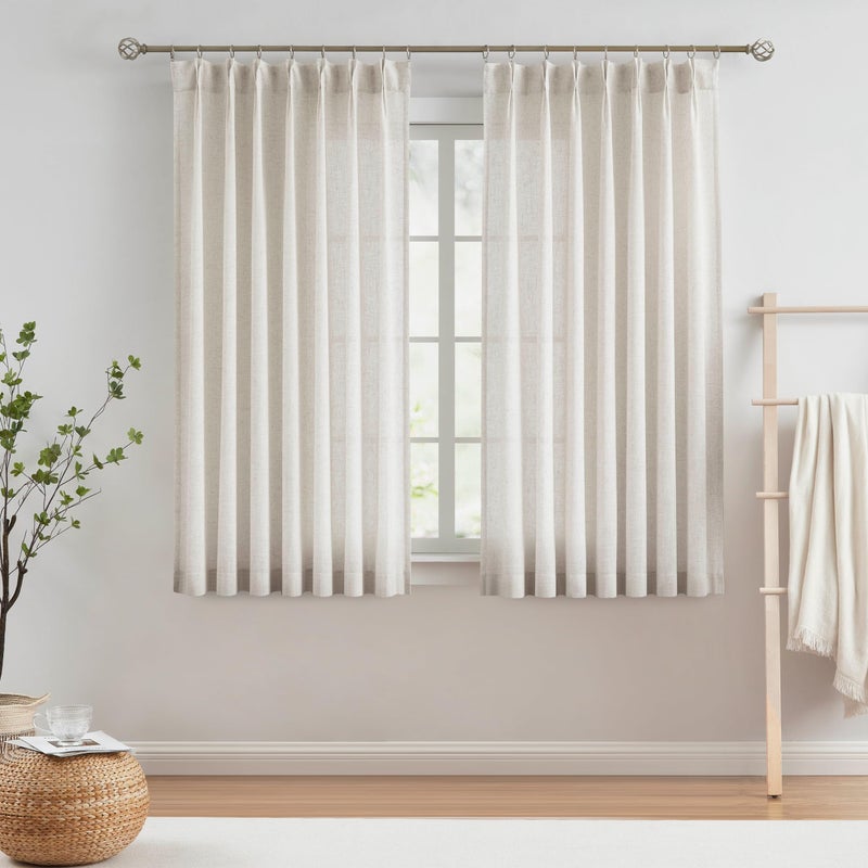 Vision Home Natural Pinch Pleated Semi Sheer Curtains Textured Linen Blended Light Filtering Window Curtains for Living Room Bedroom Pinch Pleat Drapes with Hooks 2 Panels 42" Wx63 L - Image 3