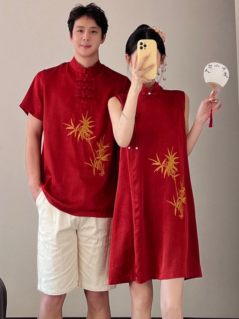 New Chinese-style couple outfits, summer clothes, Chinese-style improved cheongsam, wedding engagement set, New Year's Tang suit, plus-size New Year's clothes - Image 3