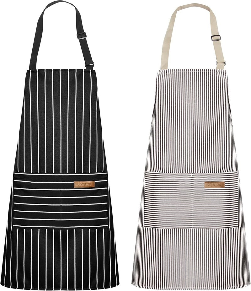 Syntus Apron for Men Women, Adjustable Cooking Kitchen Chef Aprons with 2 Pockets, Basic Stripe Black Brown, 26.77×29.53 inch - Image 1