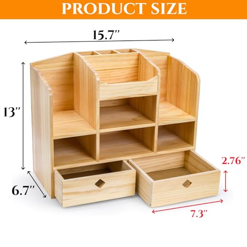 Acshio Wooden Desk Organizer with Drawers, Large Countertop Office Supplies Accessories Organization with 10 Compartments, Multifunctional Storage Box Makeup Storage Shelf Rack for Home, Office - Image 2