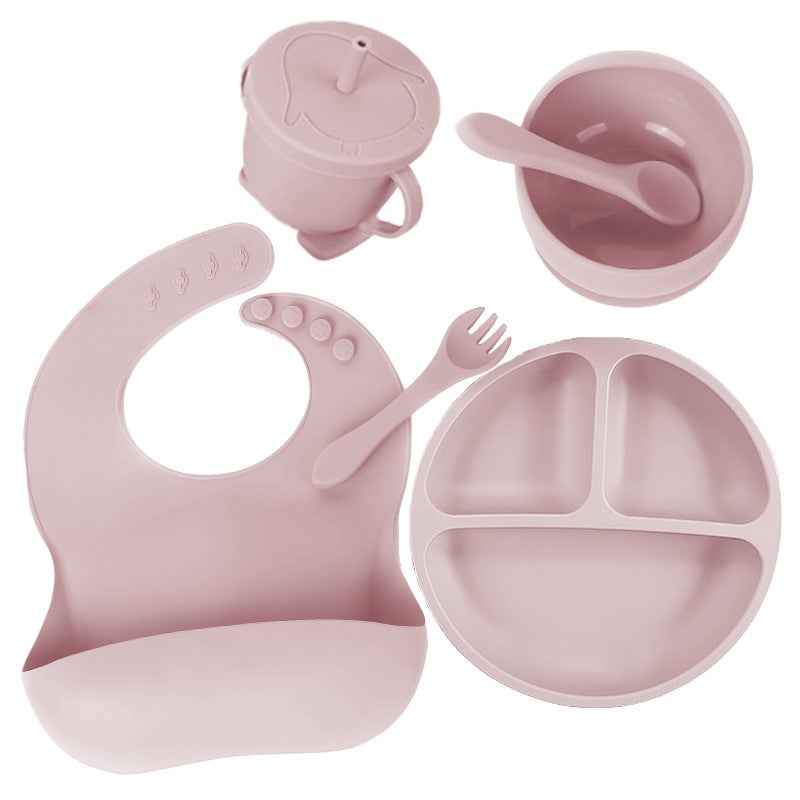 Cross-Border Childrens Supplementary Food Silicone Dinnerware Set Baby Feeding Bowl Smiley Face Six-Piece Set Mother-Infant Fee Lotus color-six-piece set of pure silicone fork spoon 