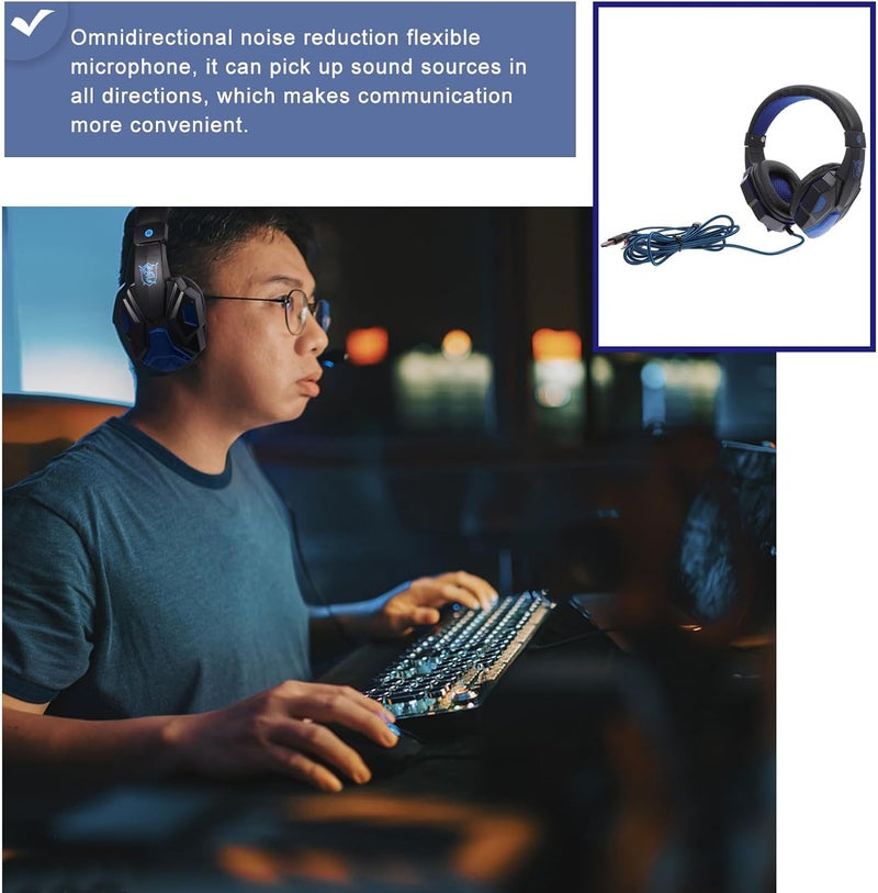 Gaming Headset with LED Light, Wired Stereo On-Ear Headphones with Rotatable Mic, Noise Canceling Gaming Headphones for PC and Live Streaming in Black and Blue - Image 3