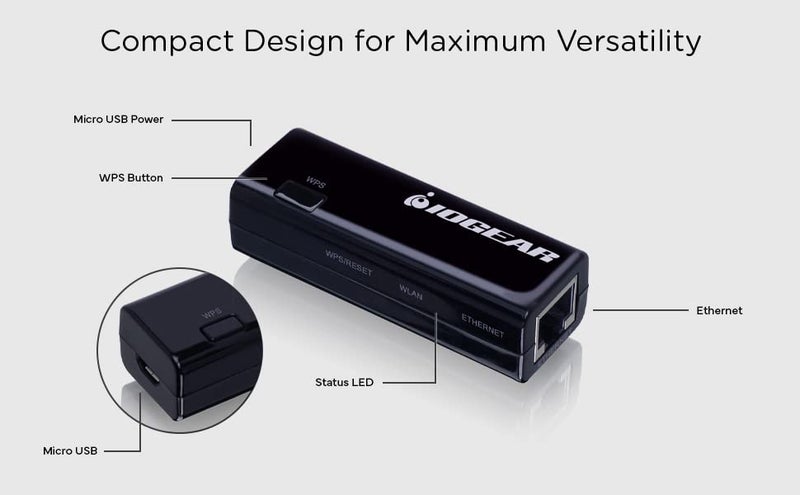 IOGEAR Universal Ethernet to Wi-Fi N Adapter - Speeds of up to 300Mbps on 2.4GHz - Push-button Wi-Fi Protected Setup (WPS) - Supports WEP, WPA, WPA2, TKIP and AES encryption - GWU637 - Image 5