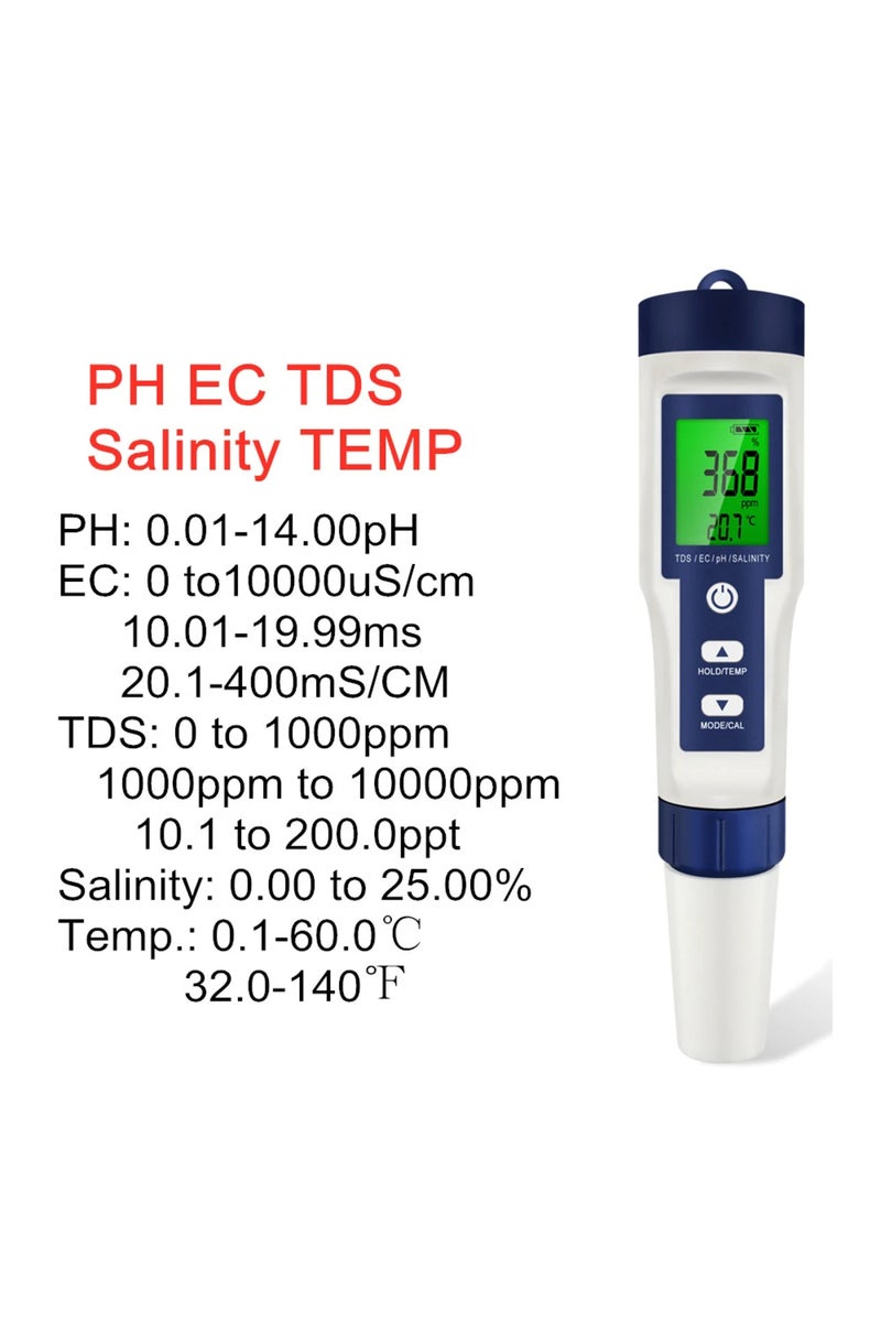 إيروريكس جهاز قياس رقمي 5 في 1 بإضاءة خلفية لقياس درجة الحموضة، ودرجة المواد الصلبة الذائبة، والتوصيل الكهربائي، والملوحة، ودرجة الحرارة، والتوصيل الكهربائي، وفلتر مياه - Image 1