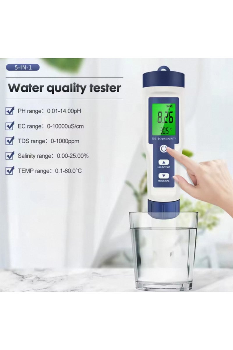 إيروريكس جهاز قياس رقمي 5 في 1 بإضاءة خلفية لقياس درجة الحموضة، ودرجة المواد الصلبة الذائبة، والتوصيل الكهربائي، والملوحة، ودرجة الحرارة، والتوصيل الكهربائي، وفلتر مياه - Image 5