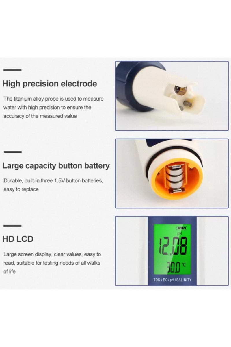 إيروريكس جهاز قياس رقمي 5 في 1 بإضاءة خلفية لقياس درجة الحموضة، ودرجة المواد الصلبة الذائبة، والتوصيل الكهربائي، والملوحة، ودرجة الحرارة، والتوصيل الكهربائي، وفلتر مياه - Image 2