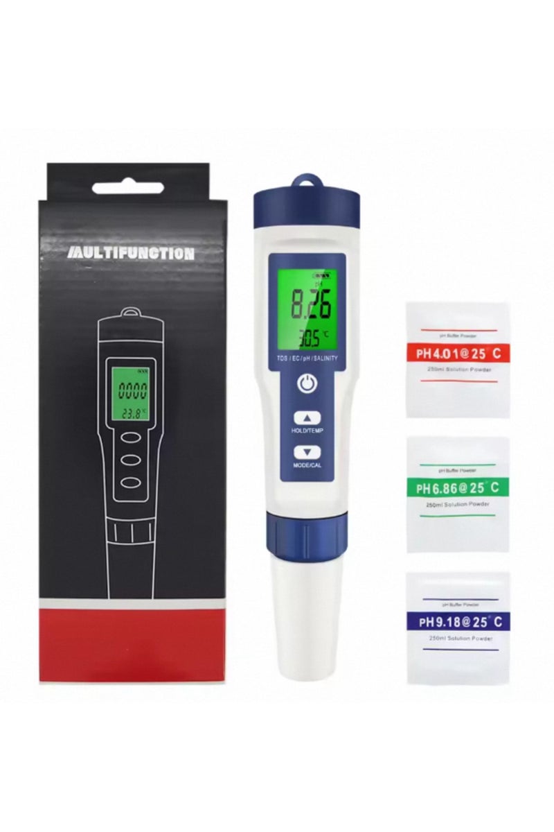 إيروريكس جهاز قياس رقمي 5 في 1 بإضاءة خلفية لقياس درجة الحموضة، ودرجة المواد الصلبة الذائبة، والتوصيل الكهربائي، والملوحة، ودرجة الحرارة، والتوصيل الكهربائي، وفلتر مياه - Image 4