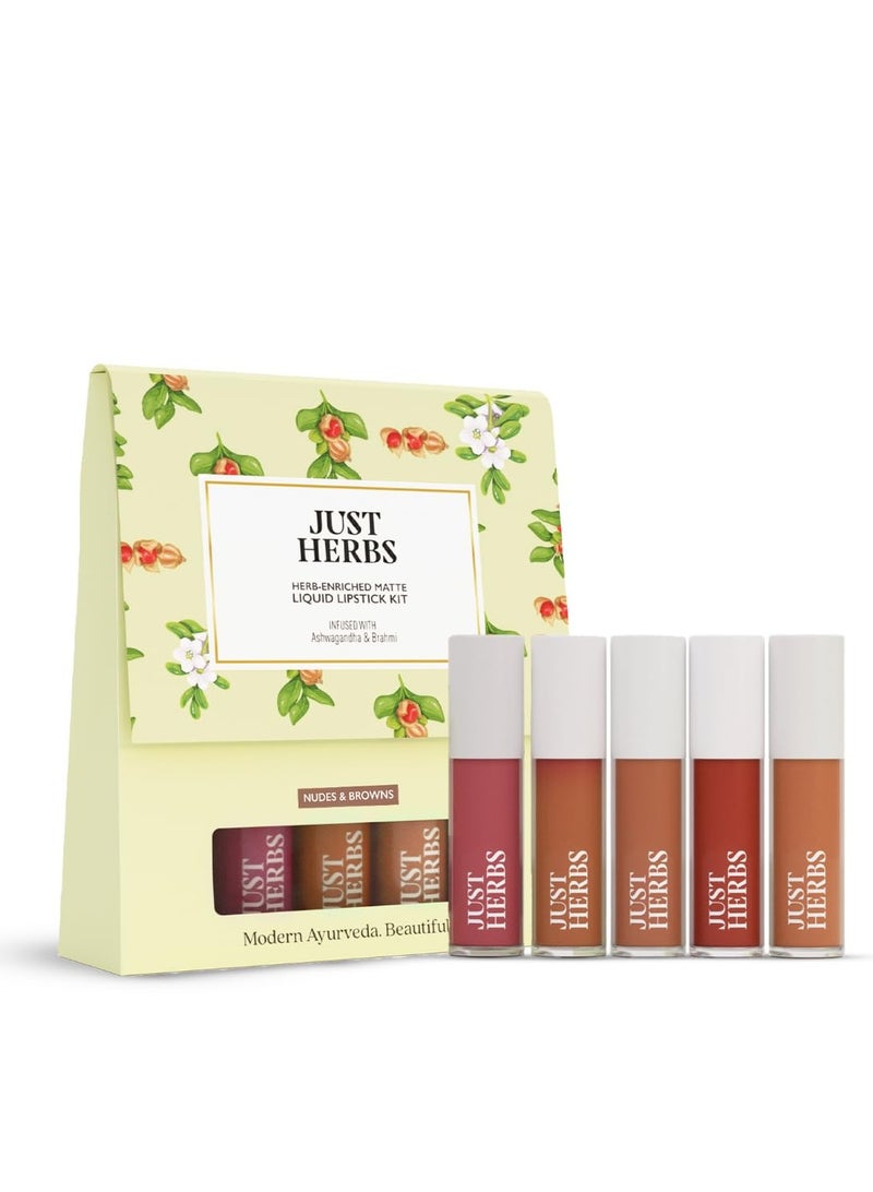 Just Herbs Herb Enriched Matte Liquid Lipstick | Set of 5 | Liquid Lipstick for Women | Nudes & Browns Shade | Hydrating & Lightweight | Ashwagandha & Brahmi - 1ml x 5u - Image 1