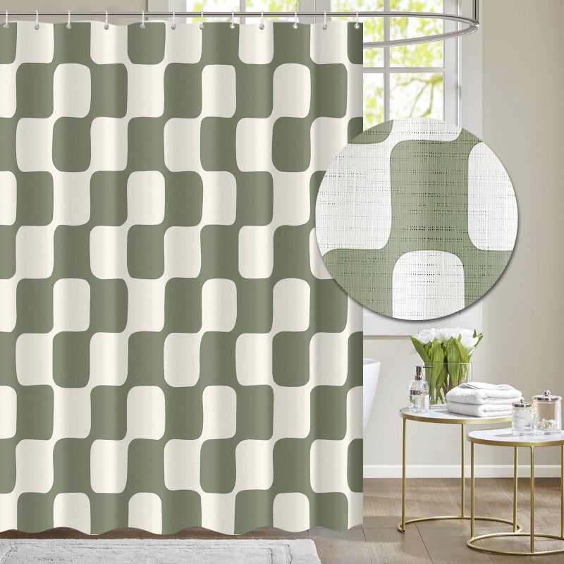 Tititex Retro Checkerboard Grid Pattern 140gsm Faux Linen Fabric Shower Curtain, Beige Sage Green Classical Groovy Wavy Checkered Shower Curtain Sets Decoration 72x72 Inch with Hooks - Image 1