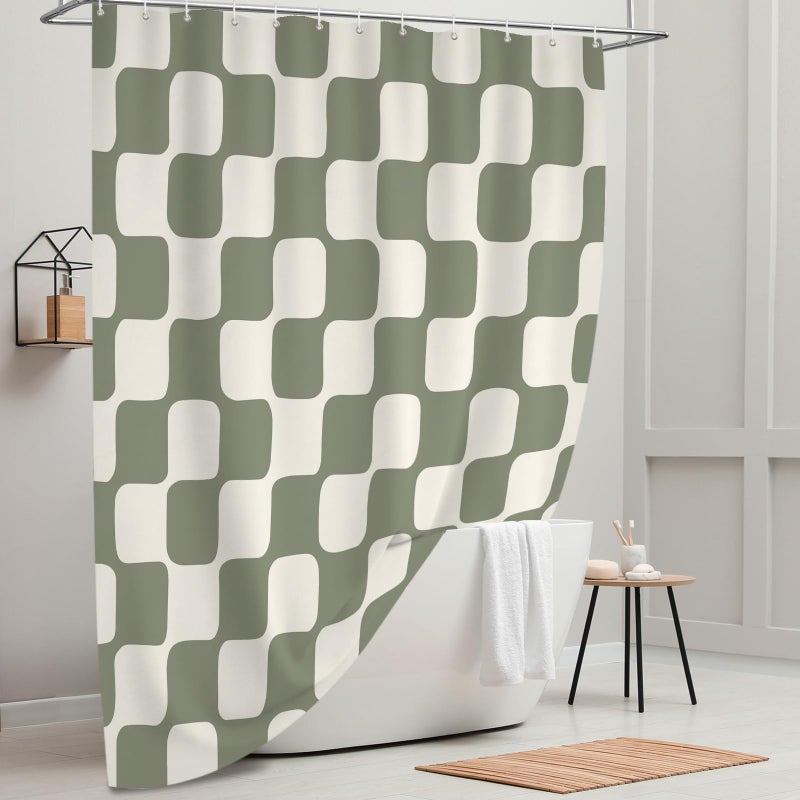 Tititex Retro Checkerboard Grid Pattern 140gsm Faux Linen Fabric Shower Curtain, Beige Sage Green Classical Groovy Wavy Checkered Shower Curtain Sets Decoration 72x72 Inch with Hooks - Image 4