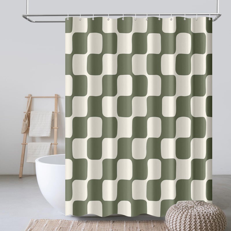 Tititex Retro Checkerboard Grid Pattern 140gsm Faux Linen Fabric Shower Curtain, Beige Sage Green Classical Groovy Wavy Checkered Shower Curtain Sets Decoration 72x72 Inch with Hooks - Image 3