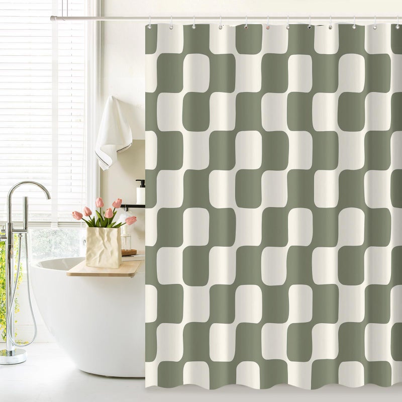 Tititex Retro Checkerboard Grid Pattern 140gsm Faux Linen Fabric Shower Curtain, Beige Sage Green Classical Groovy Wavy Checkered Shower Curtain Sets Decoration 72x72 Inch with Hooks - Image 2