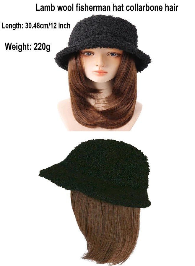 WUODHTW Winter Fisherman Hat with Hair Curly Wavy Straight Hairpiece Cosplay Wig Hat Women Lambs Wool Bucket Cap with wig - Image 2