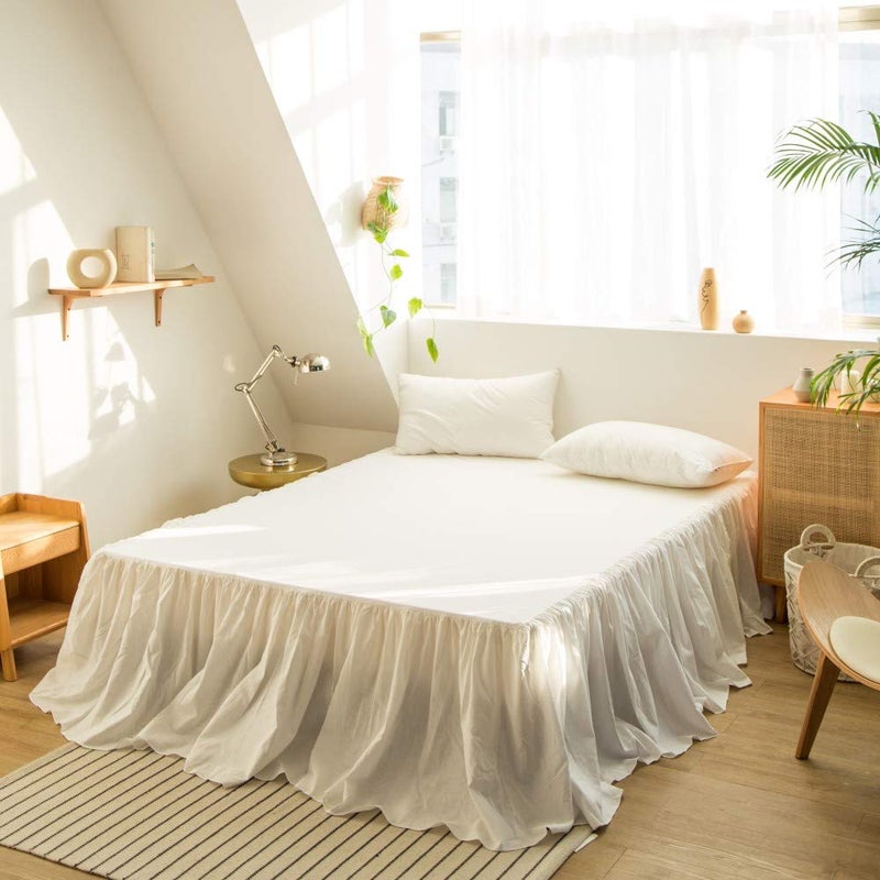 BISELINA French Linen Bed Skirt with Pleated Frills 18Inch Tailored Drop Natural Flax Cotton Blend Dust Ruffle Soft Cozy Farmhouse Bedding 18 Full Ruffle White