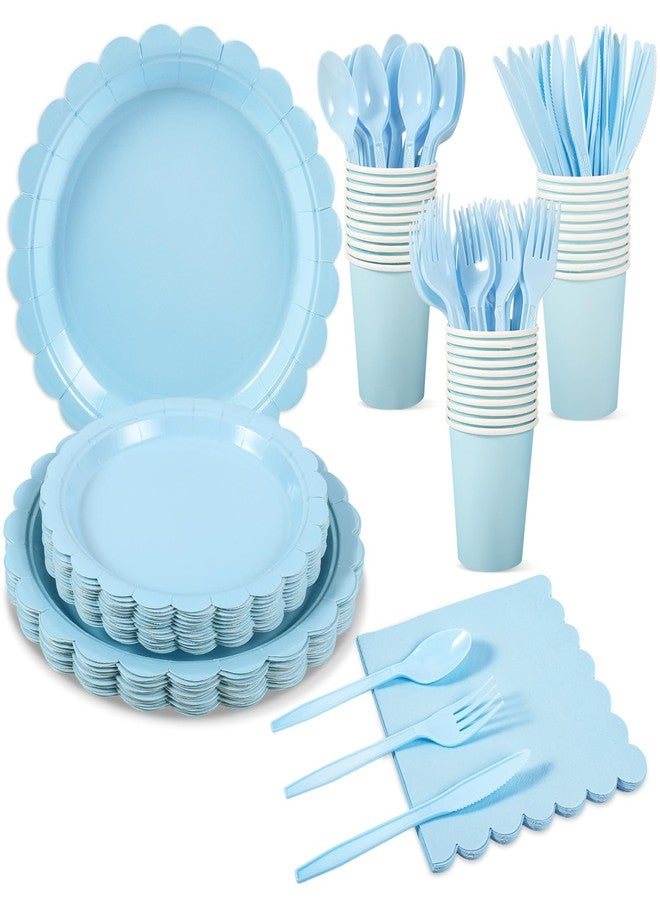 Xiangqu 175 Pcs Light Blue Paper Plates and Napkins, Blue Party Supplies Include Light Blue Scalloped Plates Napkins Cups Plastic Spoons Forks Knives for Baby Shower, Wedding, Birthday - Image 1