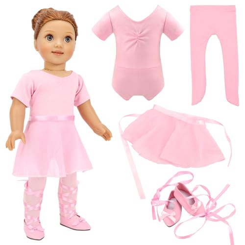 BARWA 18 Inch Doll Clothes Ballet Ballerina Outfits Dance Dress Custume Compatible with 18 Inch Dolls 4 PCS Leotard with Tutu Skirt Tights and Ballet Shoes - Image 1