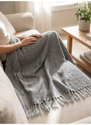 130 x 160 cm Cotton Herringbone Horizontal Throw Blanket Charcoal Grey, Premium 400GSM Soft Woven Fringed Tassel Cover for Sofa Couch Bed and Boho Decor - view 4