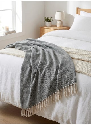 130 x 160 cm Cotton Herringbone Horizontal Throw Blanket Charcoal Grey, Premium 400GSM Soft Woven Fringed Tassel Cover for Sofa Couch Bed and Boho Decor - view 2