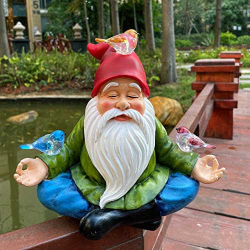 RAYWER Solar Powered Gnome with Red Hat and 3 Birds, Resin Garden Ornament with LED Light, Lawn Figurine Outdoor Decoration Statue (Gnome with 3 Birds) - Image 5
