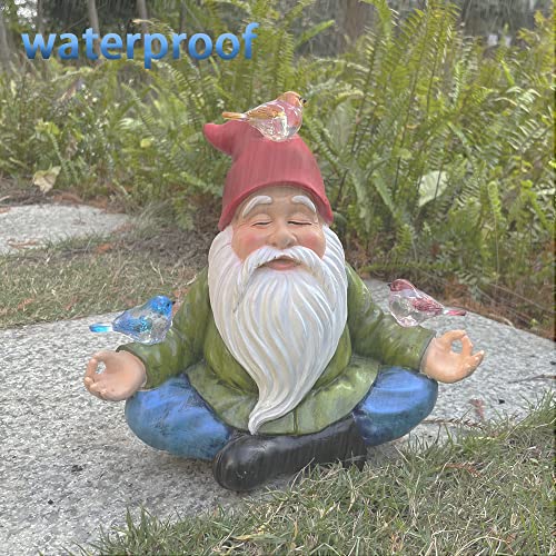 RAYWER Solar Powered Gnome with Red Hat and 3 Birds, Resin Garden Ornament with LED Light, Lawn Figurine Outdoor Decoration Statue (Gnome with 3 Birds) - Image 4