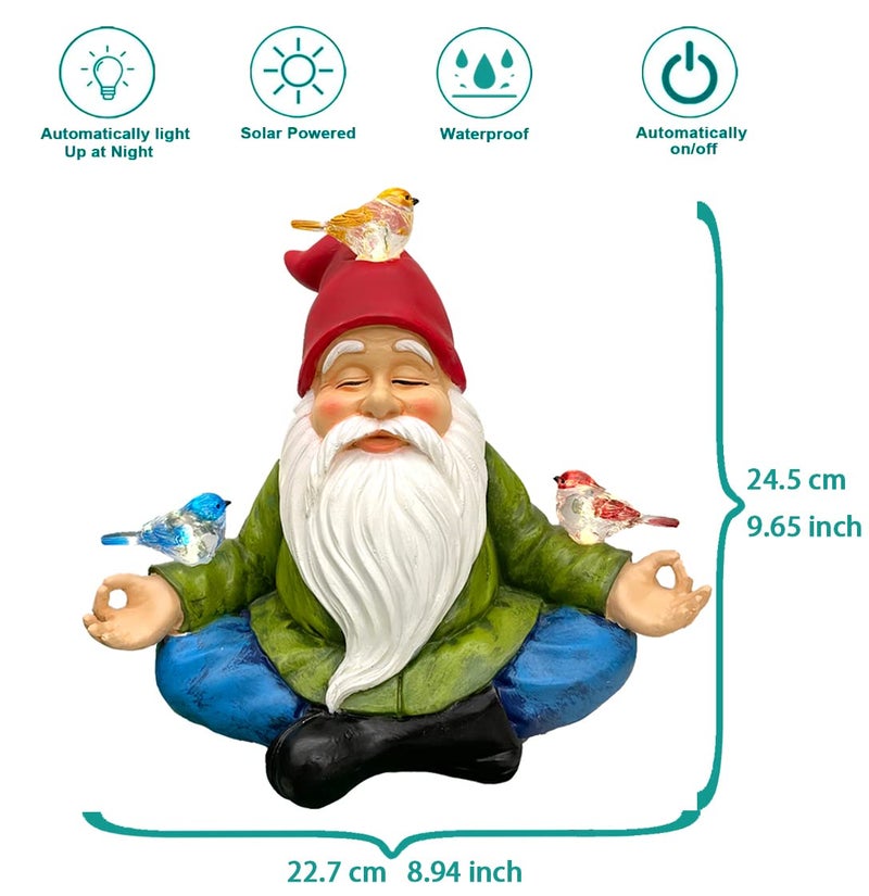 RAYWER Solar Powered Gnome with Red Hat and 3 Birds, Resin Garden Ornament with LED Light, Lawn Figurine Outdoor Decoration Statue (Gnome with 3 Birds) - Image 2