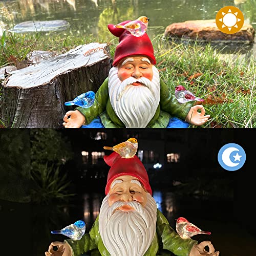 RAYWER Solar Powered Gnome with Red Hat and 3 Birds, Resin Garden Ornament with LED Light, Lawn Figurine Outdoor Decoration Statue (Gnome with 3 Birds) - Image 3