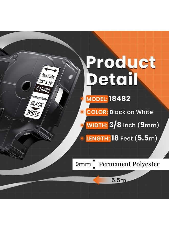 AONOMI 3 Pack Replacement DYMO 18482 Industrial Rhino Permanent Polyester Labels Compatible with DYMO LabelWriter, Industrial Rhino 5200 4200 Label Makers, Black on White, 3/8 inch (9mm) x 18 feet (5. - Image 3