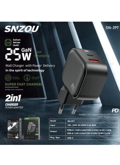 شاحن Snzou فائق السرعة 25 وات بمنفذين USB-C وUSB-A، شاحن 25 وات، SN-397