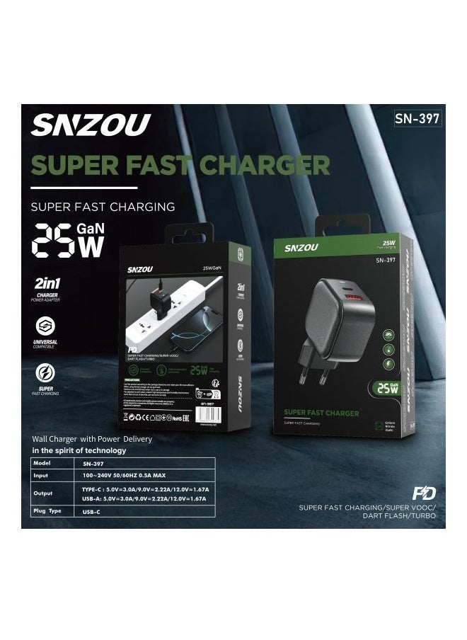 سنزو - شاحن Snzou فائق السرعة 25 وات بمنفذين USB-C وUSB-A، شاحن 25 وات، SN-397 - Image 1
