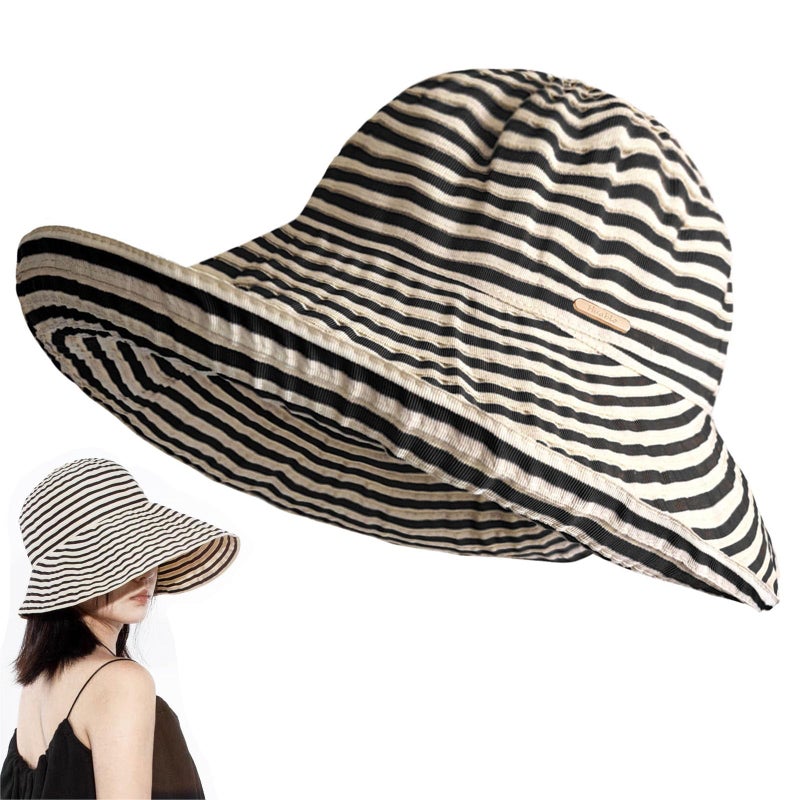 huablo Kettle Brim Sun Hats for Women Lanai Hat Floppy Packable SPF UPF 50 UV Protection Beach Vacation Hat Striped Beige - Image 1