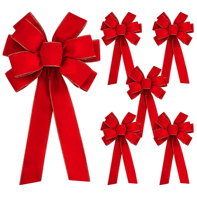 Iceyyyy 6 PCS Large Christmas Bow  307 x 106 Christmas Valentines Day Golden Edged Red Velvet Wreath Bow Christmas Tree Topper Ornament Bow for Christmas Home Wreath Tree Decoration