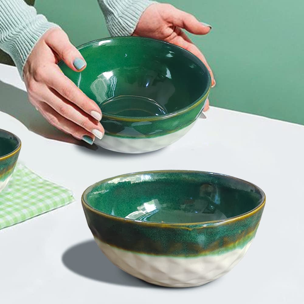 The Earth Store Studio Pottery Dual Tone White Green Ceramic Snack Bowls Set of 2 for Serving Pasta Noodle Maggi Cereal Microwave Safe Salad Bowl Mixing Bowl for Snacks