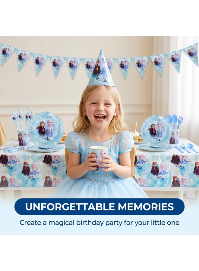 Kidzilla 122 PCS Frozen Birthday Party Supplies Kit for Girls – Frozen Princess Theme Party Decorations Set with Plates, Cups, Napkins, Banner, Tablecloth, Hats, Invitations, Straws, Horns & Cutlery - Image 3