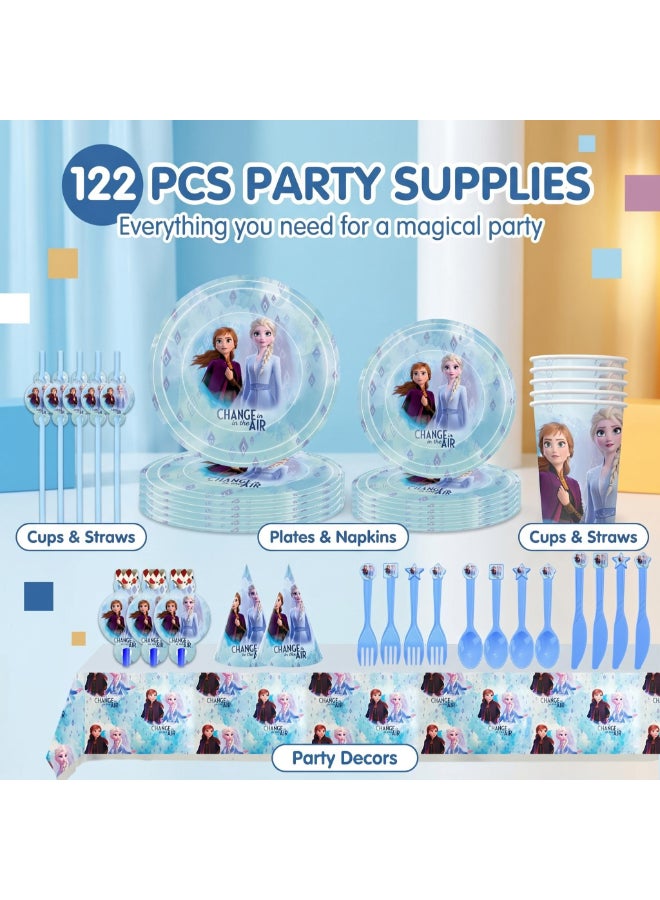 Kidzilla 122 PCS Frozen Birthday Party Supplies Kit for Girls – Frozen Princess Theme Party Decorations Set with Plates, Cups, Napkins, Banner, Tablecloth, Hats, Invitations, Straws, Horns & Cutlery - Image 1
