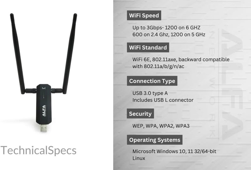 ALFA Network AWUS036AXM WiFi 6E USB 3.0 USB Adapter, AXE3000 Tri-Band 6Ghz/5.8GHz/2.4GHz, Wireless Gigabit Speed (Up to 3Gbps) - Image 1