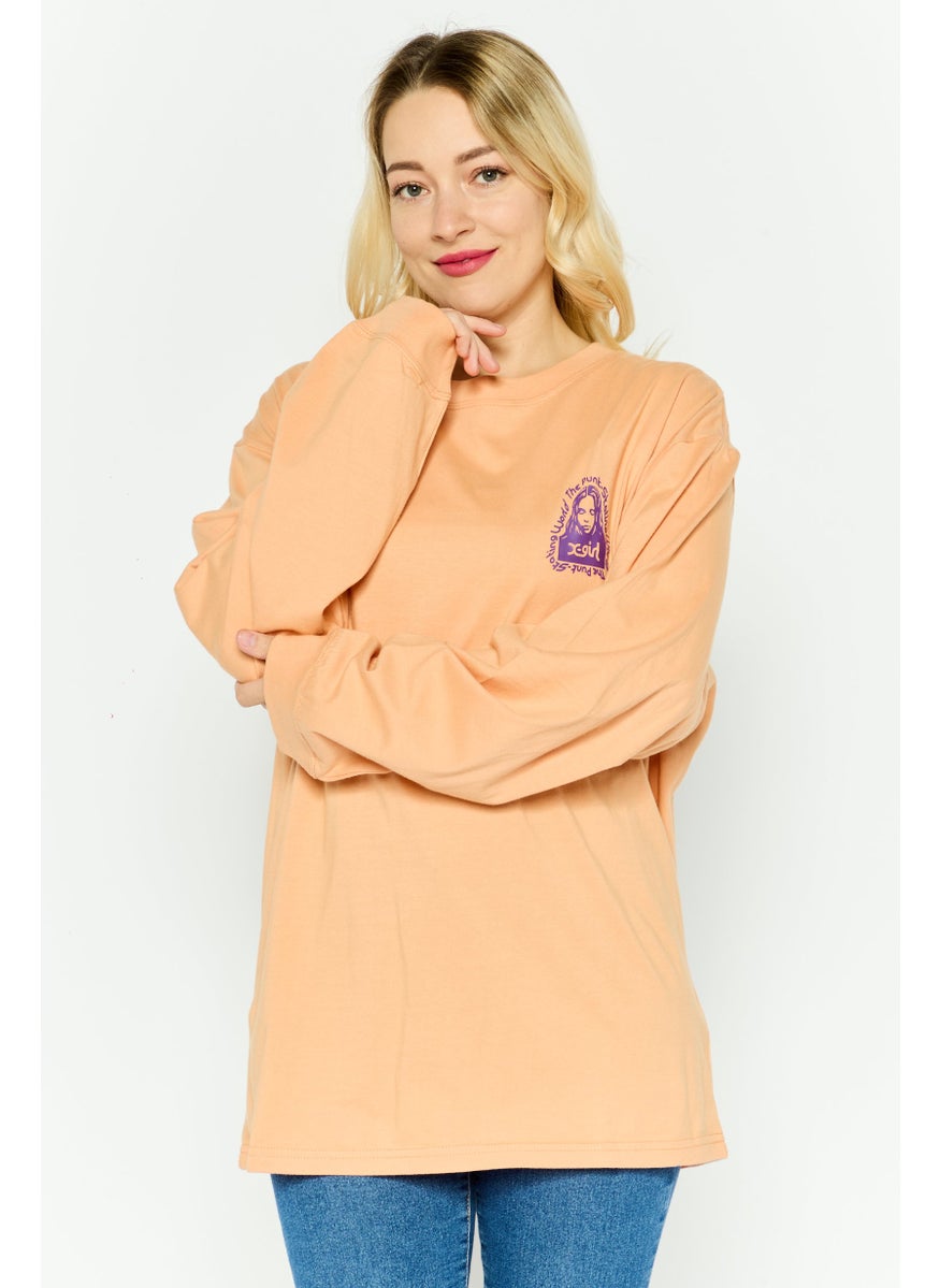 X-Girl Women Round Neck Long Sleeves Graphic Print T-Shirt, Peach  - Image 1