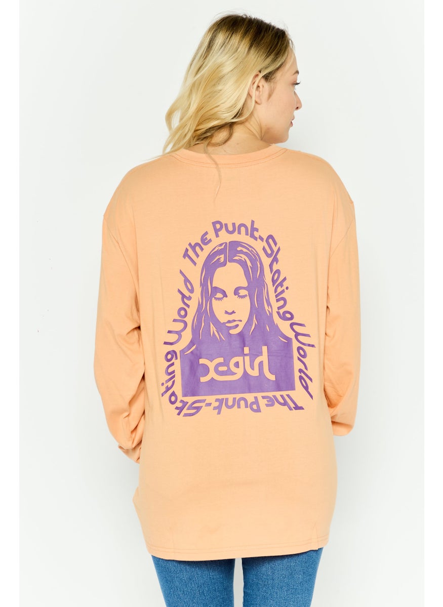 X-Girl Women Round Neck Long Sleeves Graphic Print T-Shirt, Peach  - Image 2
