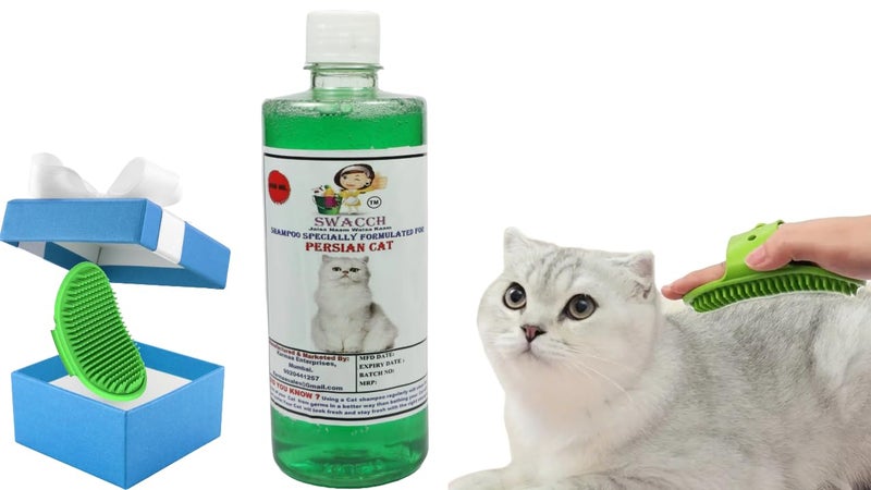 Swacch Persian Cat Shampoo -500ml (Neem Alovera) + Bath Brush with Adjustable Straps Combo Pack - Image 1