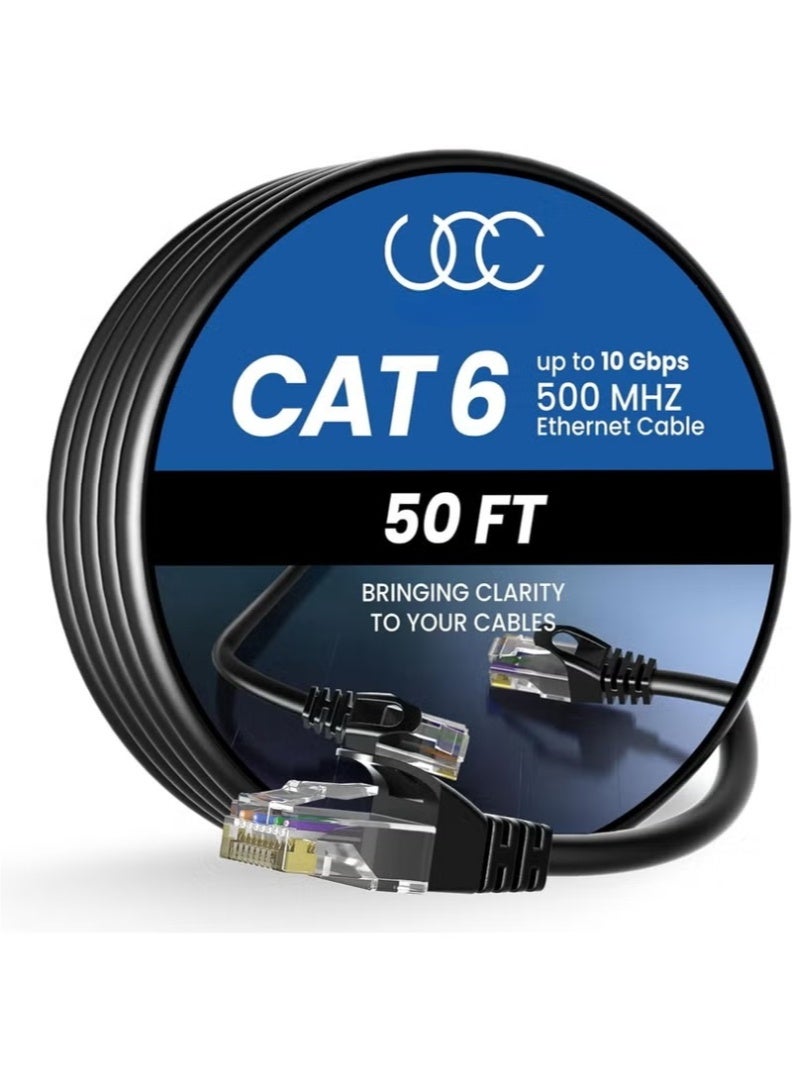 كابل إيثرنت Cat6 كابل شبكة محلية عالي السرعة 10 جيجابت في الثانية بطول 15 مترًا/50 قدمًا مع موصل RJ45 مطلي بالذهب لأجهزة التوجيه والمودم والكمبيوتر الشخصي والمفاتيح والموزع والكمبيوتر المحمول، أسود، عبوة واحدة - Image 1