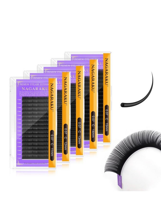 NAGARAKU 5 Trays Eyelash Extensions Individual Lashes 0.07Mm C Curl 11/12/13/14/15Mm In 1 Pack Classic Soft Natural Professional Faux Mink 16 Rows  - Image 1