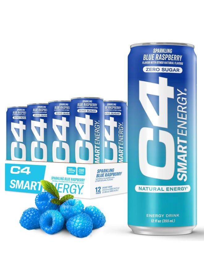 CELLUCOR C4 Smart Energy Drink ‚ Boost Focus and Energy with Zero Sugar, Natural Energy, and Nootropics - 200mg Caffeine - Blue Raspberry (12oz Pack of 12) - Image 1