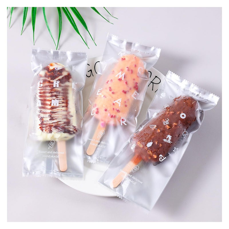 BIGINIWA Popsicle Bags Ice Cream Bags 100 Pack -Clear Ice Pop Bags with Silver Bottom and Cool Words - Image 1