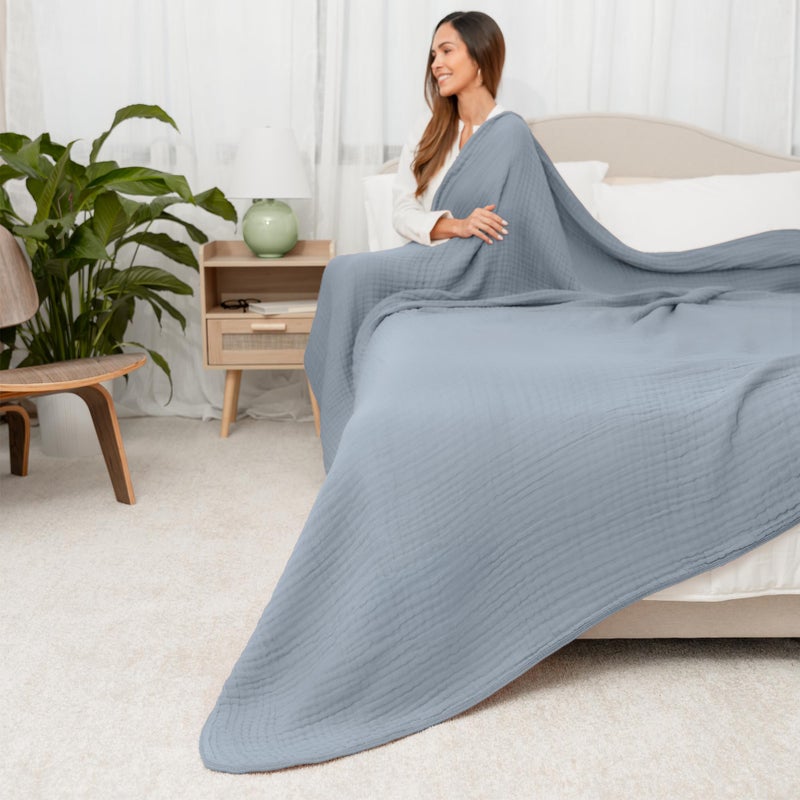 Comfy Cubs Muslin Blanket for Adults Queen 90" x 90" - 6 Layer Soft, Breathable & Lightweight Muslin Adult Blanket - Machine Washable & Designed in The US Bedding for All Seasons - Pacific Blue - Image 2