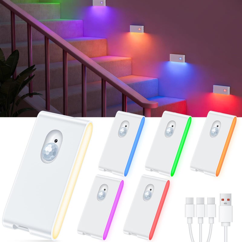 WILLED Stair Lights Indoor, RGB & Warm White Motion Sensor Night Light, Color Changing Motion Sensor Light Indoor, Rechargeable Night Light for Stair,Hallway,Bathroom,Cabinet,Closet,Kitchen,6 Pack - Image 1