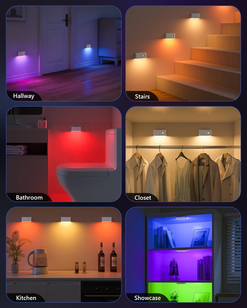 WILLED Stair Lights Indoor, RGB & Warm White Motion Sensor Night Light, Color Changing Motion Sensor Light Indoor, Rechargeable Night Light for Stair,Hallway,Bathroom,Cabinet,Closet,Kitchen,6 Pack - Image 3