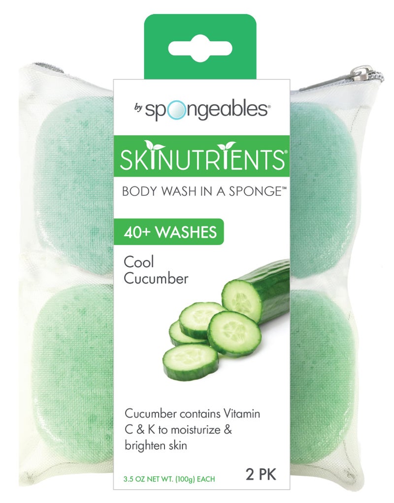 Spongeables Skinutrients Body Wash in a Sponge, Cool Cucumber with Bonus Travel Bag, 20+ Washes, 2 Pack