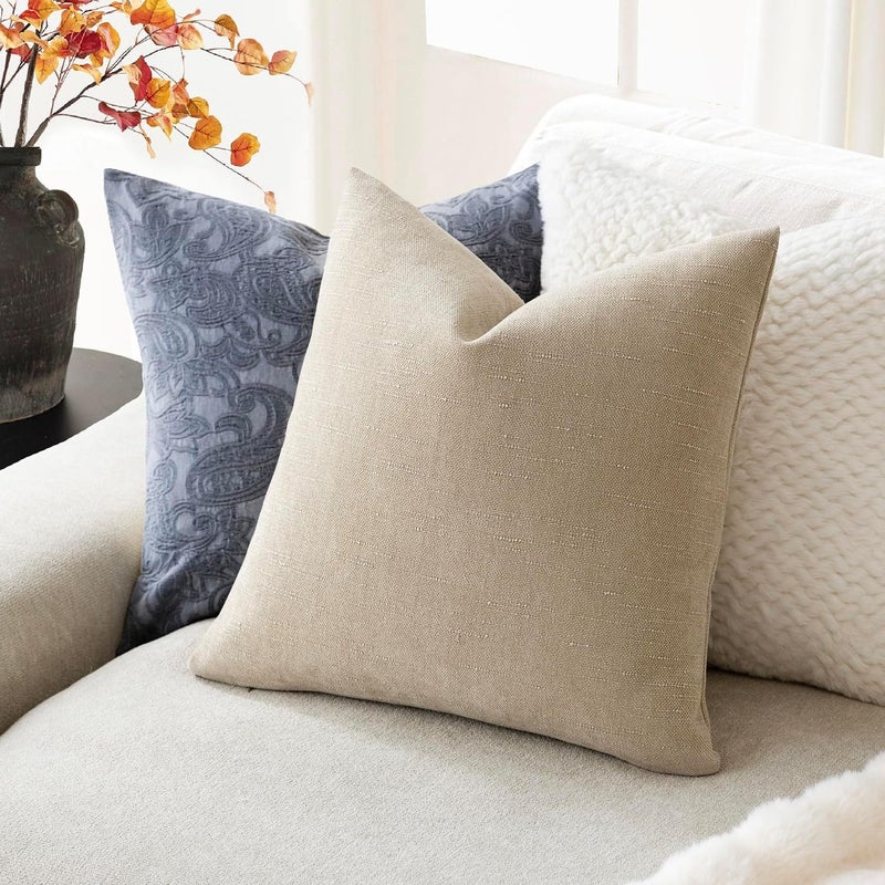 Foindtower Pack of 2 Soft Textured Throw Decorative Pillow Covers Square Accent Solid Cushion Cover Cozy Neutral Farmhouse Pillow Case for Couch Sofa Bedroom Living Room 20x20 Inch, Beige - Image 5