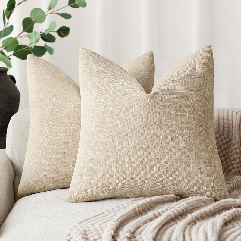 Foindtower Pack of 2 Soft Textured Throw Decorative Pillow Covers Square Accent Solid Cushion Cover Cozy Neutral Farmhouse Pillow Case for Couch Sofa Bedroom Living Room 20x20 Inch, Beige - Image 1